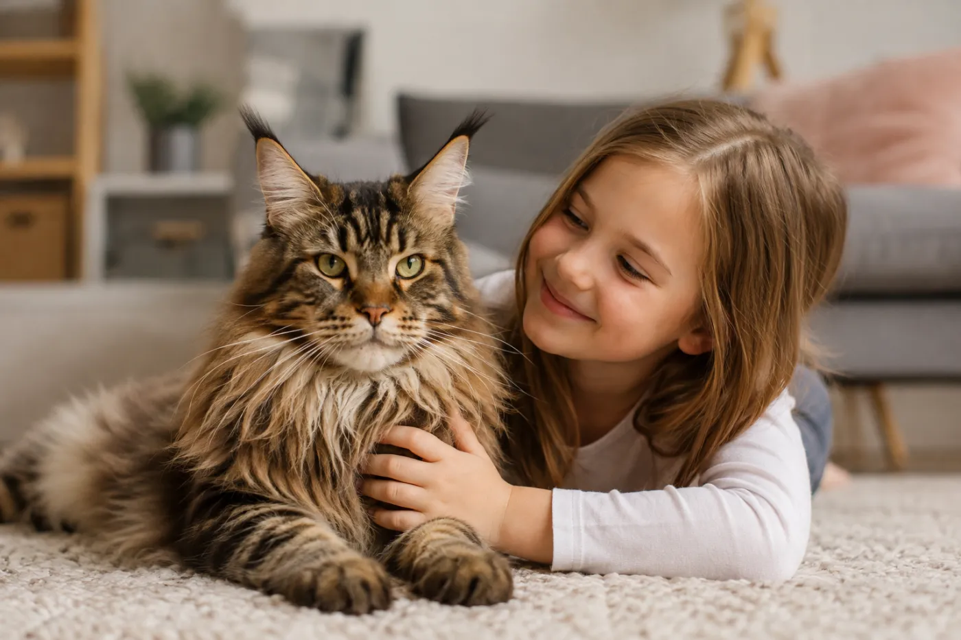 kot, maine coon, dziecko, rodzina