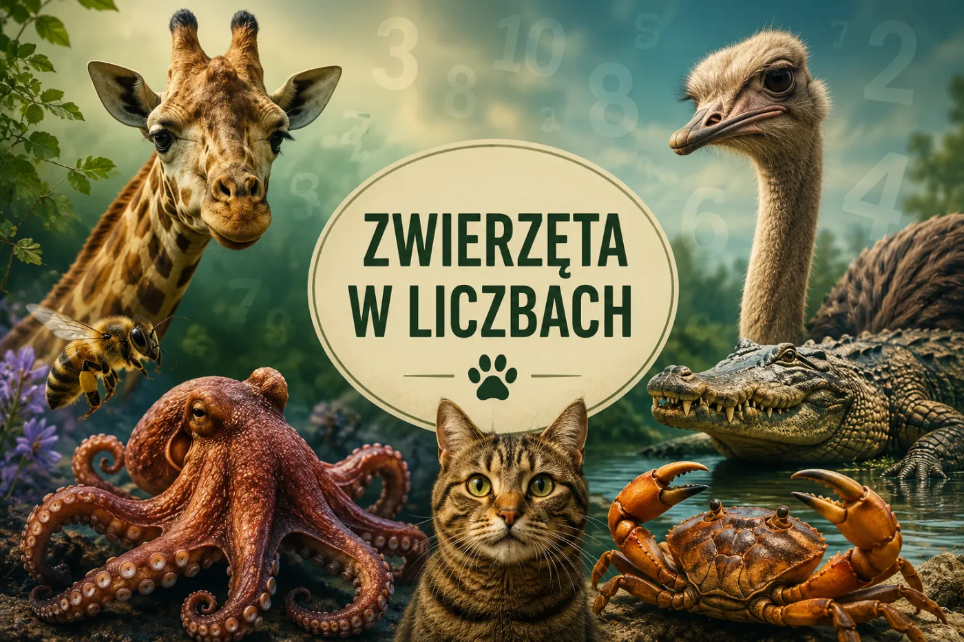 quiz, zwierzęta, przyroda, struś, żyrafa, kot, ośmiornica