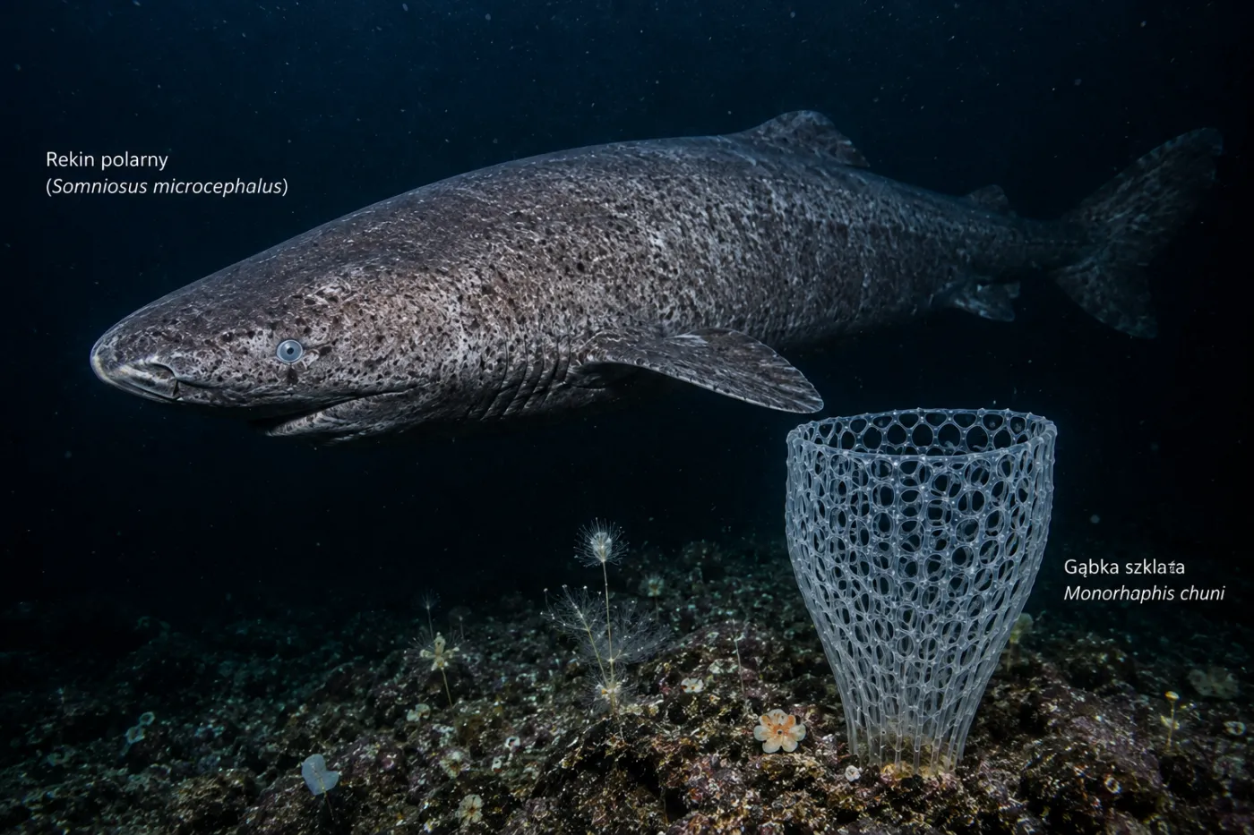 zwierzęta oceanów, rekin polarny, gąbka