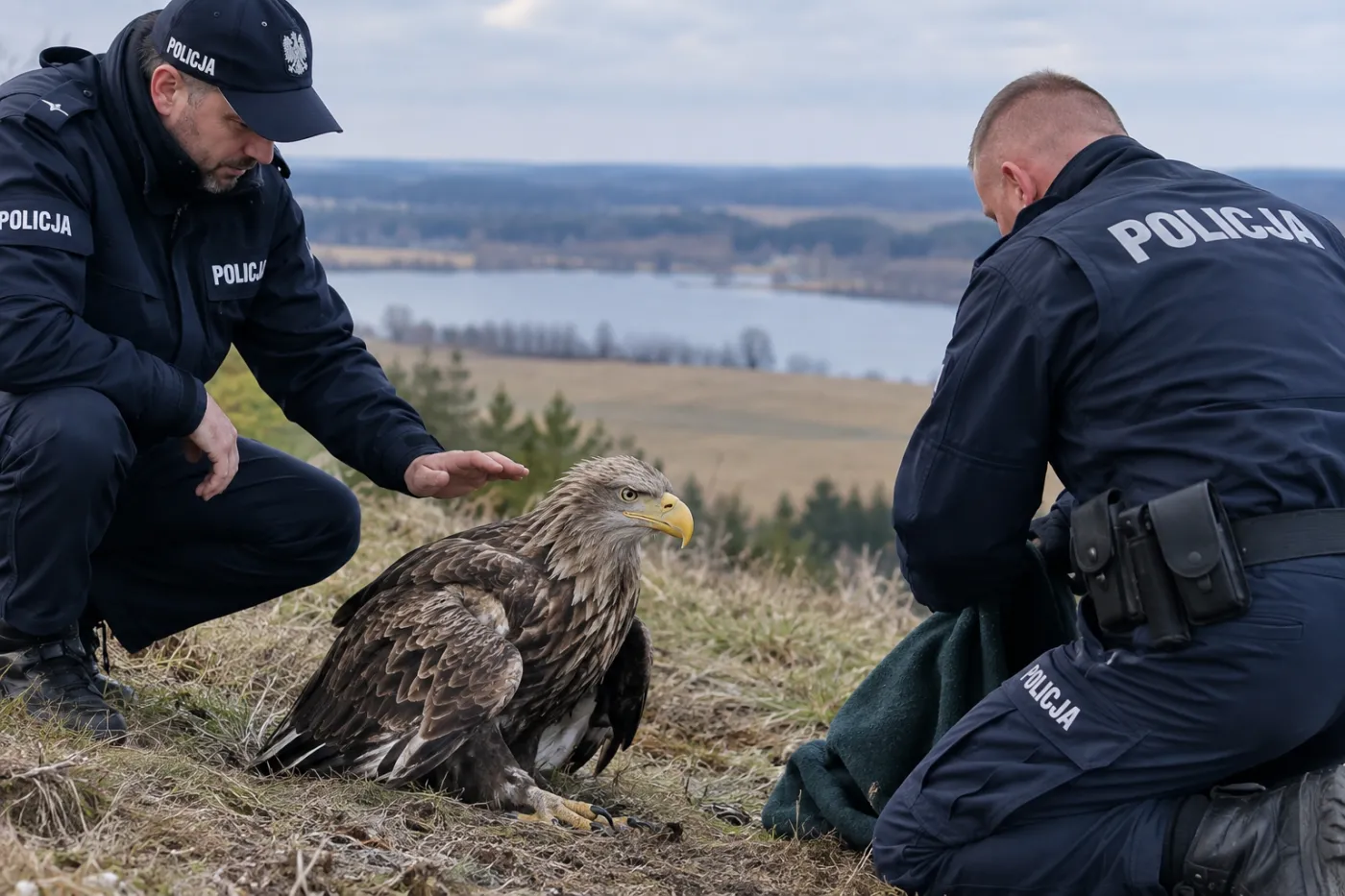 ptak, dzikie ptaki, bielik, policjanci, pomoc