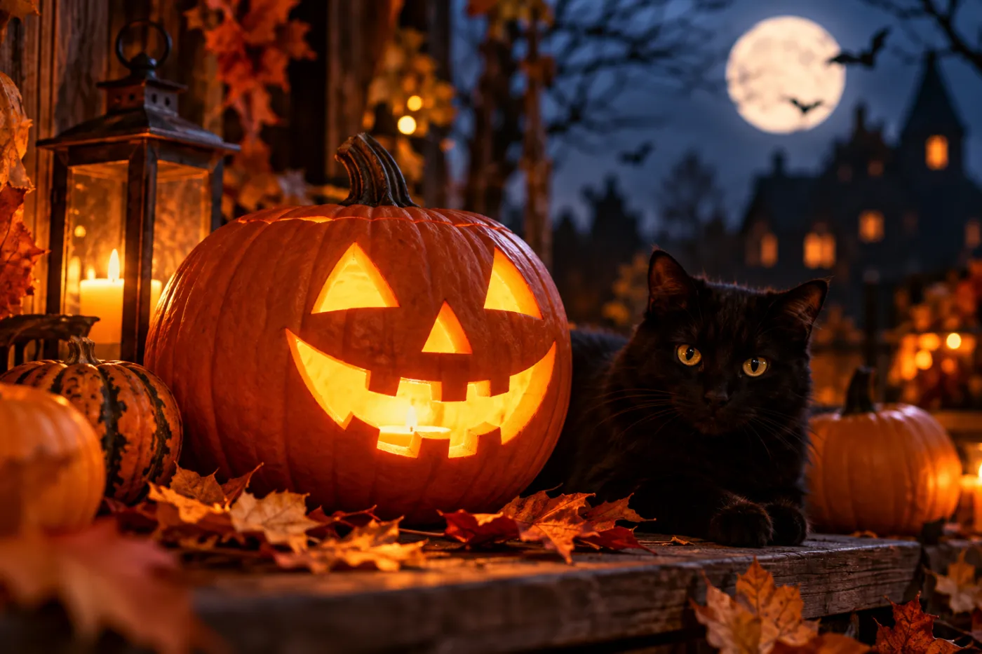 Halloween, dynia, lampiony, nietoperze, noc