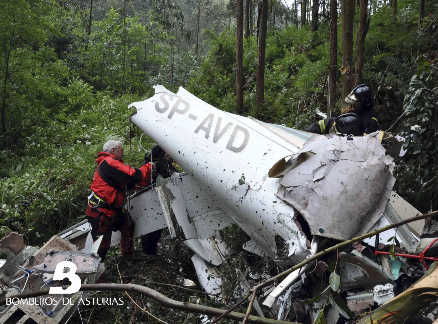 Zdjęcie wraku awionetki w lesie niedaleko lotniska Castrillon, udostępnione przez straż pożarną