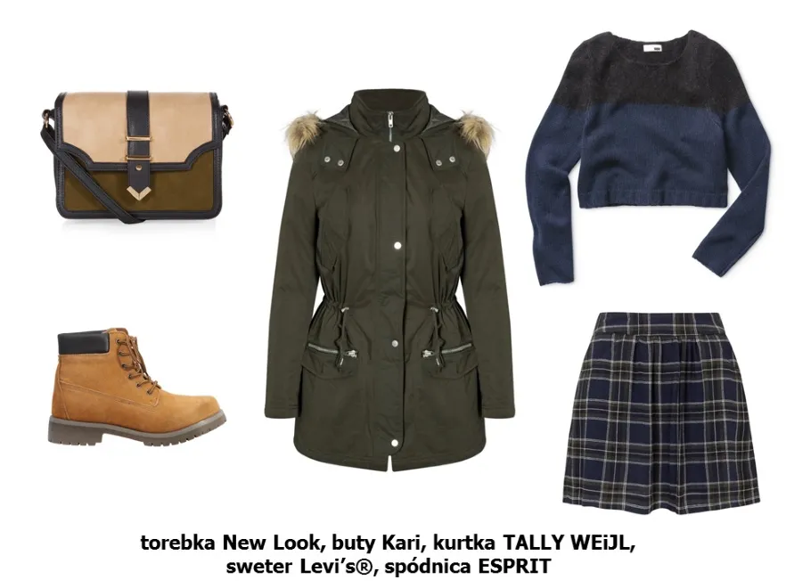 Torebka New Look: 99,99 pln Buty Kari: 129,9 pln Kurtka TALLY WEiJL: 319,9 pln Sweter Levi’s®: 539 pln Spódnica ESPRIT: 249 pln