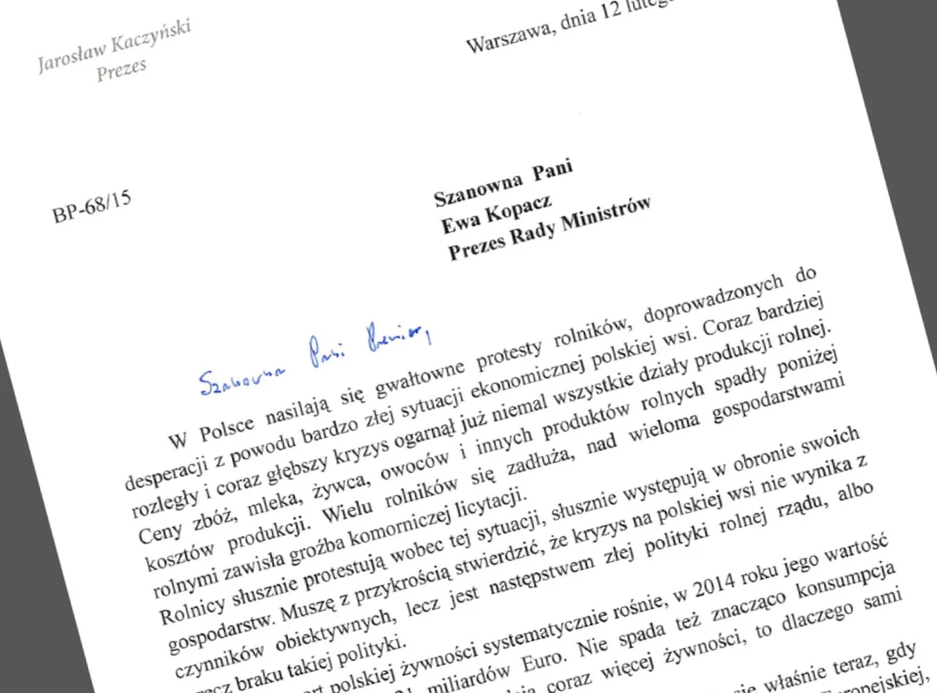 Jarosław Kaczyński napisał lis do Ewy Kopacz