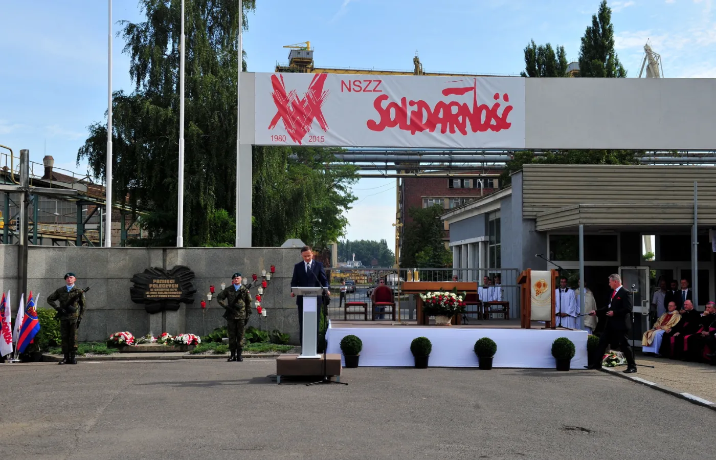 Prezydent Andrzej Duda przemawia podczas obchodów 35. rocznicy podpisania Porozumień Sierpniowych oraz powstania NSZZ "Solidarność"