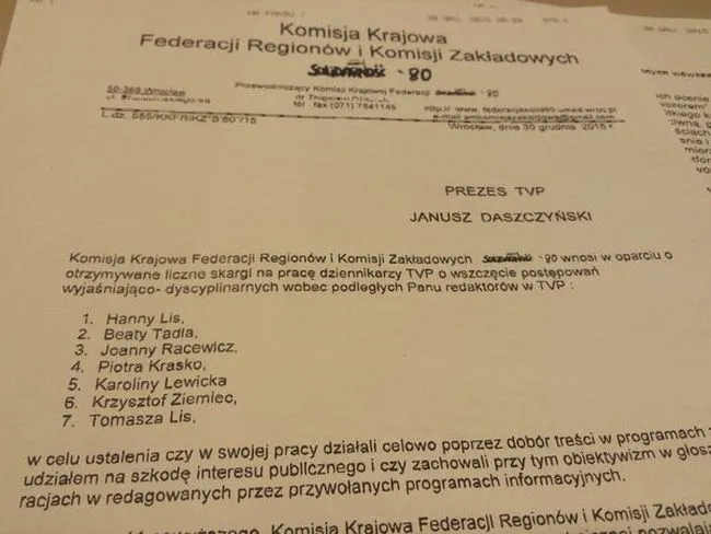 List Komisji Krajowej Federacji Regionów i Komisji Zakładowych Solidarność'80 