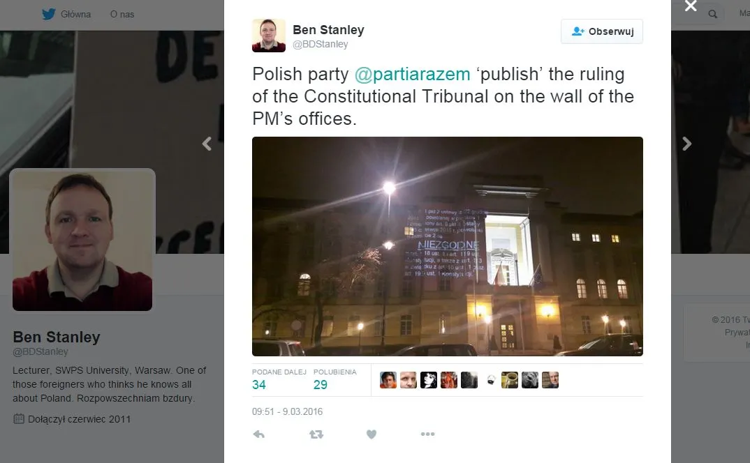 Partia Razem opublikowała wyrok Trybunału Konstytucyjnego na Kancelarii Premiera