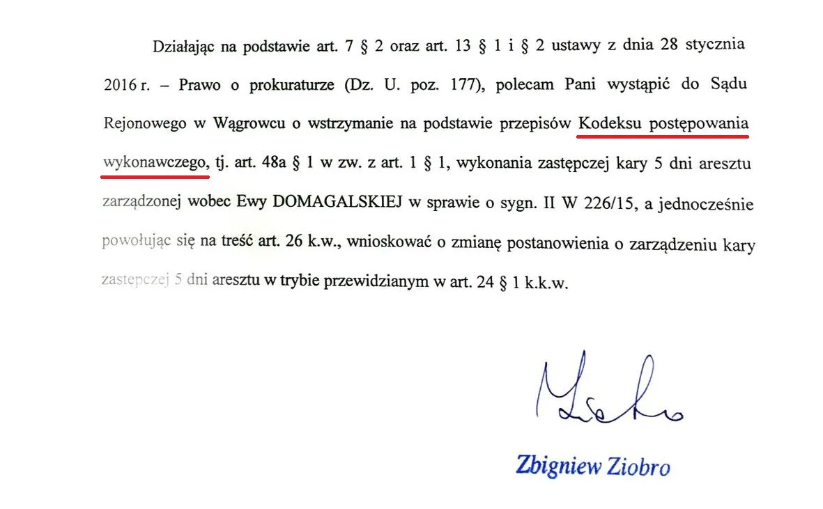 Pismo z błędem, które podpisał minister Zbigniew Ziobro