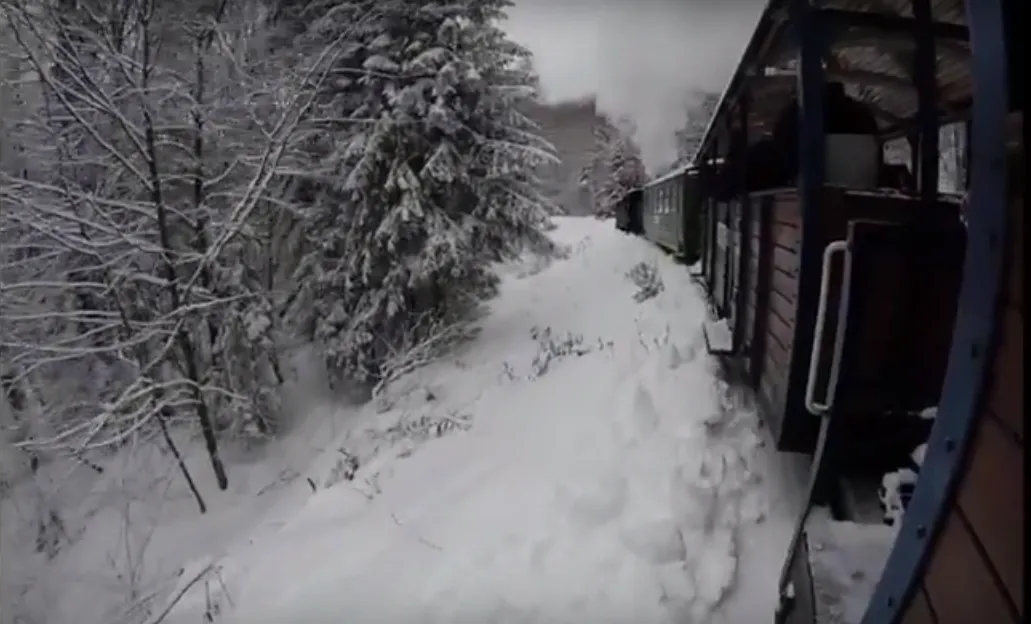 Tak wygada okien kolejki podróż zaśnieżonymi Bieszczadami