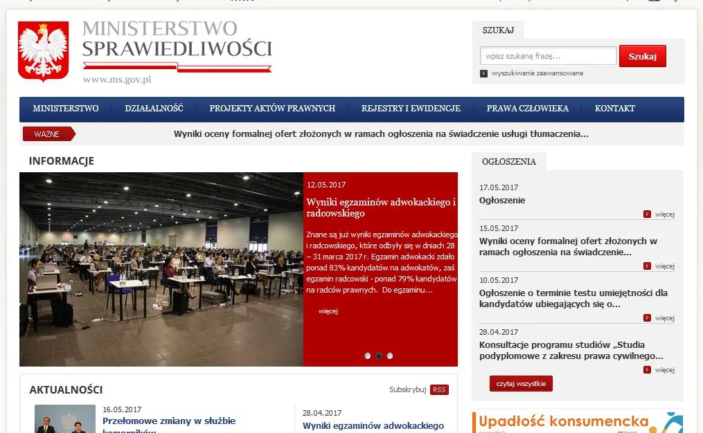 Strona internetowa Ministerstwa Sprawiedliwości
