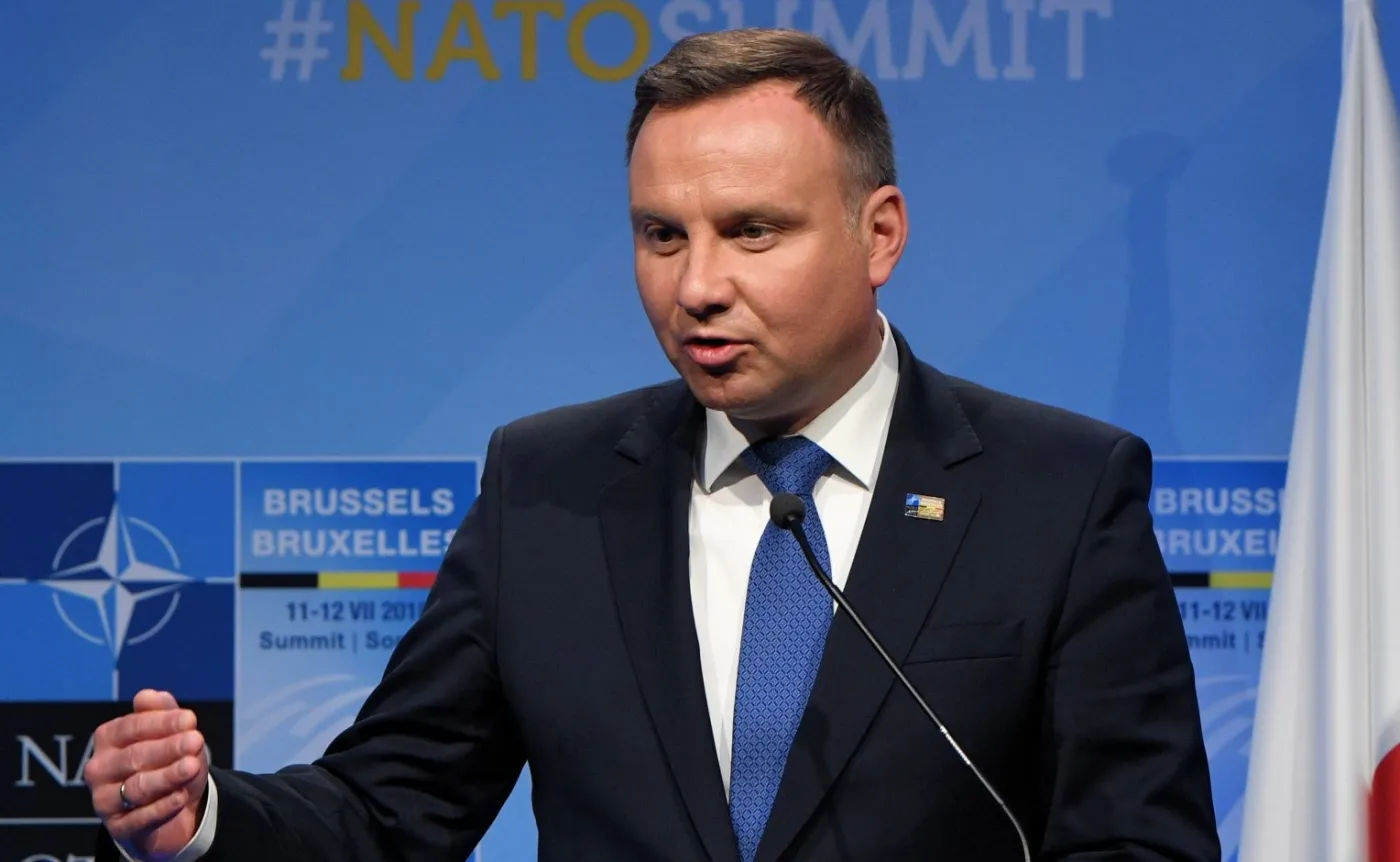 Prezydent Andrzej Duda podczas konferencji prasowej po szczycie NATO w Brukseli
