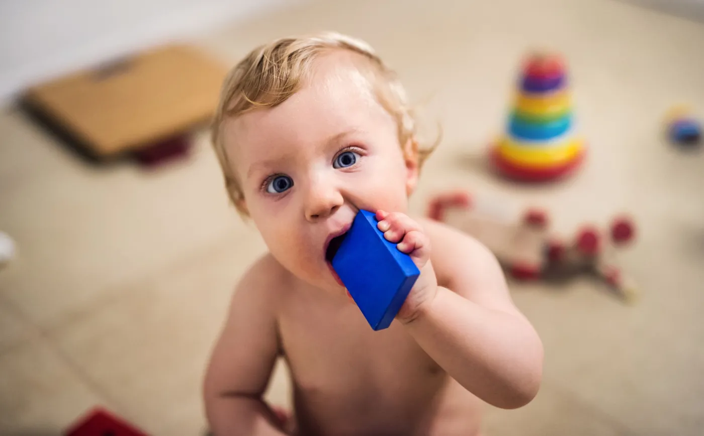 Dziecko trzyma w ustach klocek