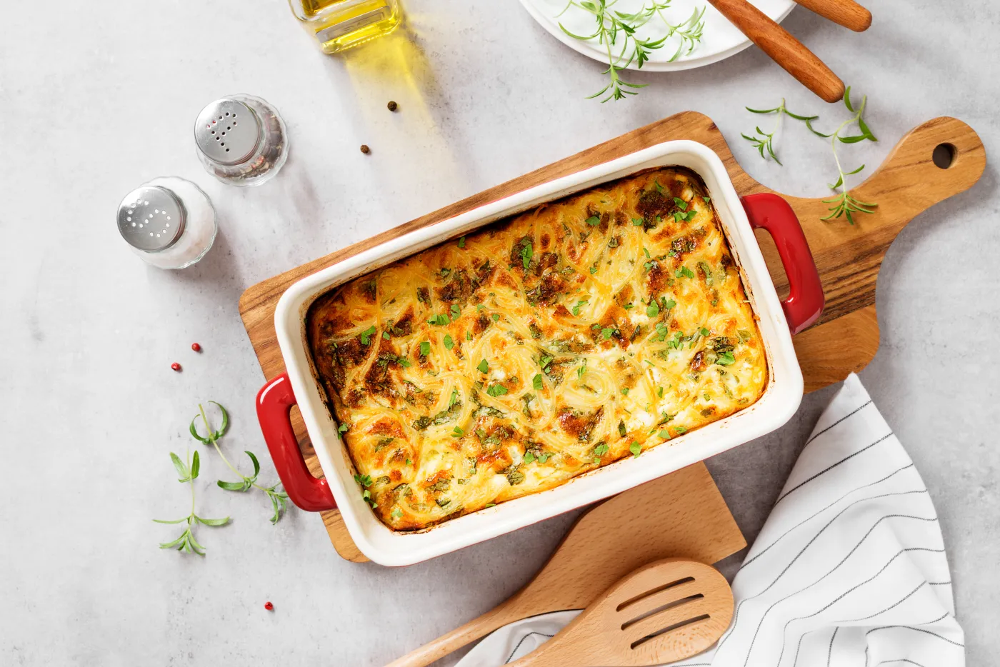 Homemade,Spaghetti,Breakfast,Casserole,In,A,Baking,Dish.,Top,View