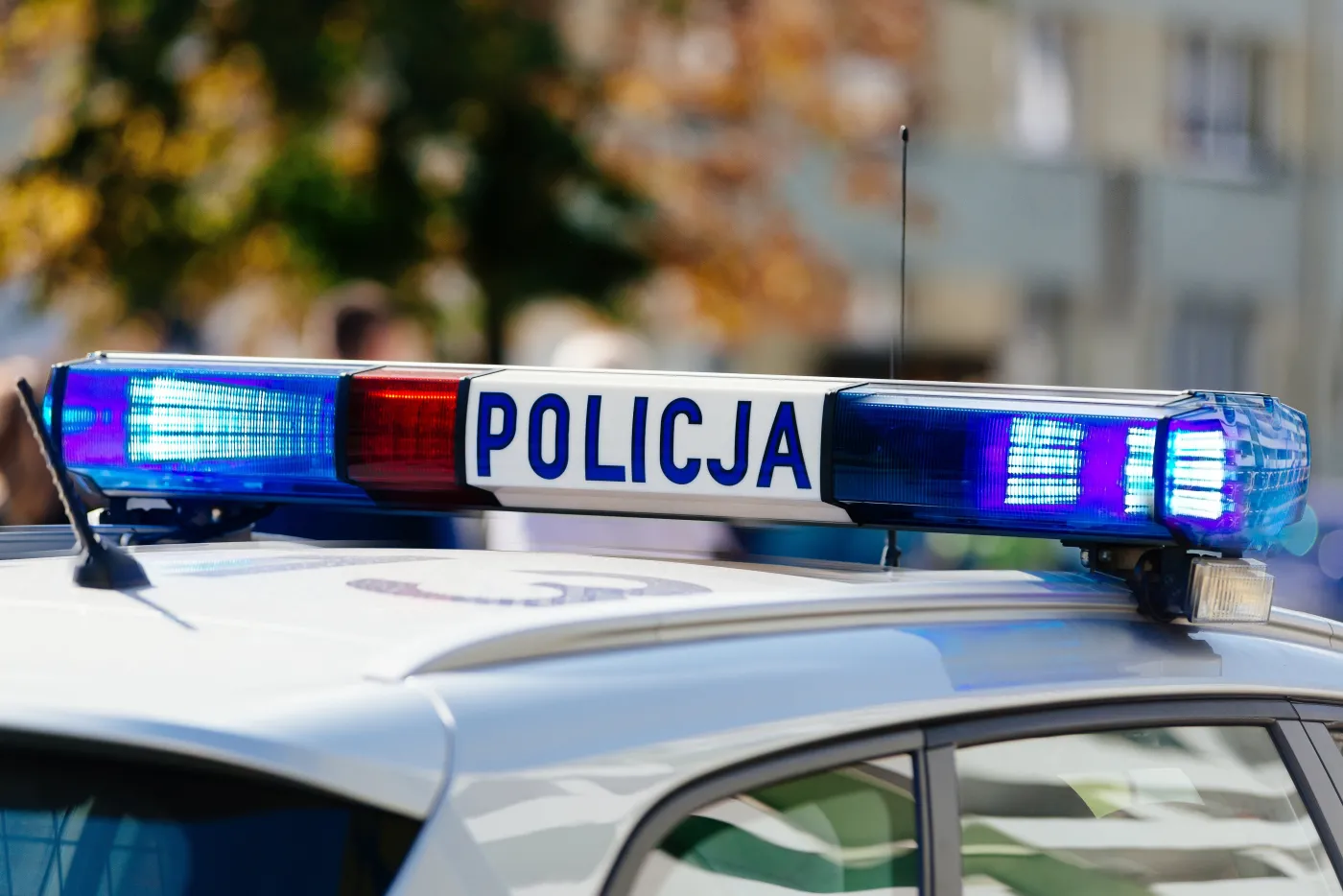 Flashing,Police,Blue,Lights,Mounted,On,The,Roof,Of,Polish