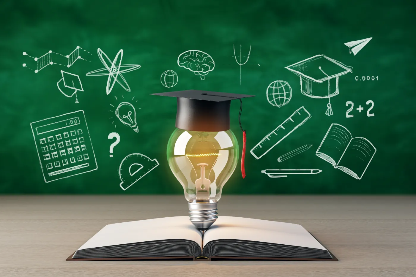Graduation,Cap,On,Lightbulb,Over,Open,Book,,Chalkboard,Background,With