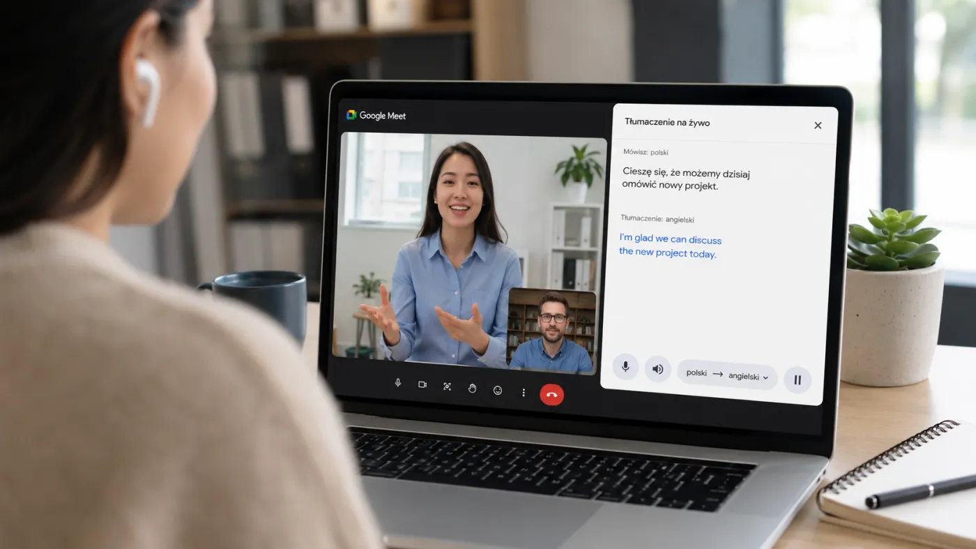 Uczestniczka wideokonferencji obserwuje spotkanie w Google Meet na ekranie laptopa. Interfejs prezentuje funkcję tłumaczenia mowy w czasie rzeczywistym, która przekłada wypowiedź rozmówcy na inny język. Na biurku znajdują się notatnik, kubek i roślina, a całość utrzymana jest w nowoczesnej, biurowej stylistyce.