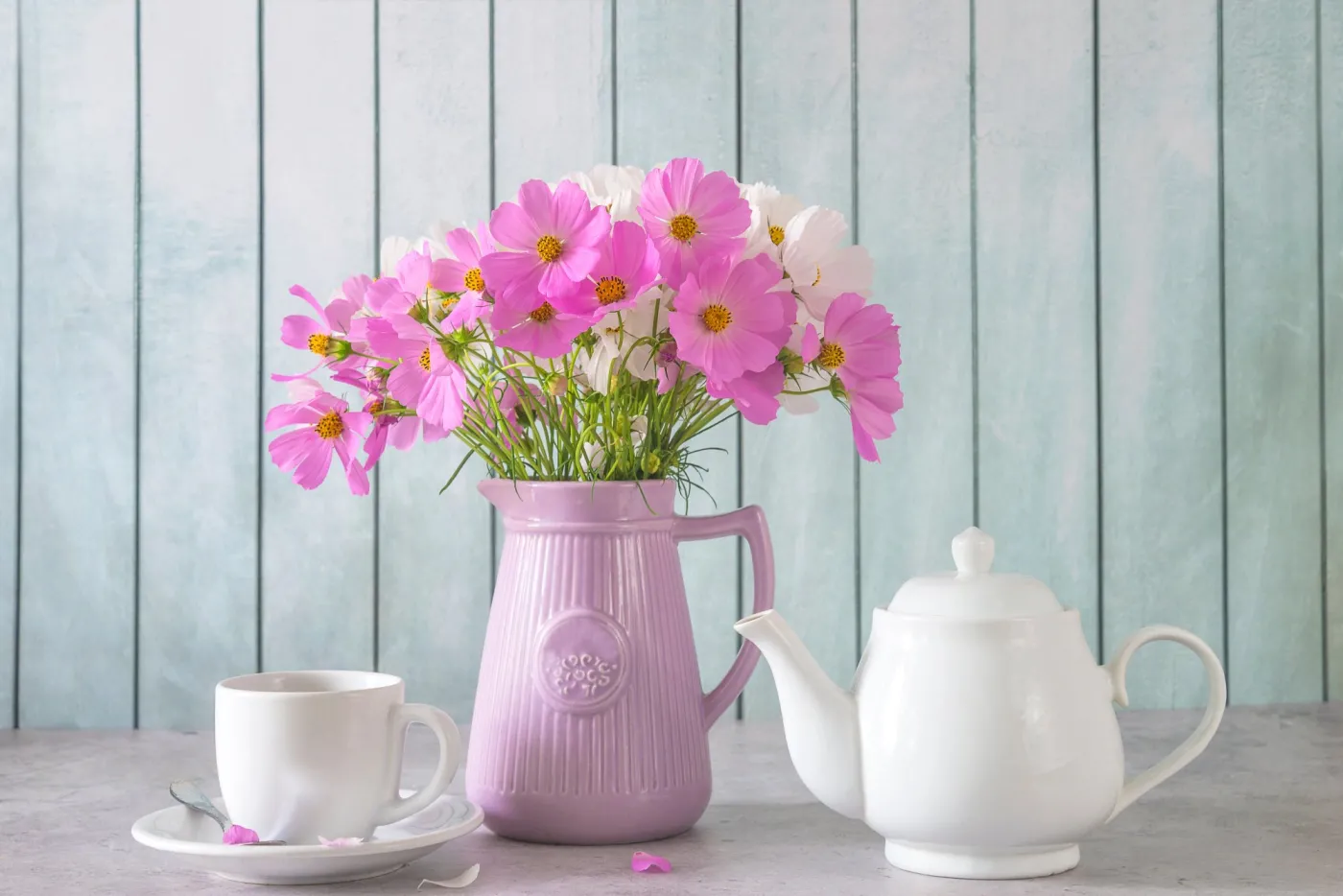 Summer,Morning,Still,Life;,Bouquet,Of,Pink,And,White,Cosmos