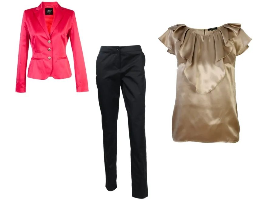 Jak się ubrać na komunię? Propozycje dla kobiet: bluzka i żakiet Simple, spodnie Solar