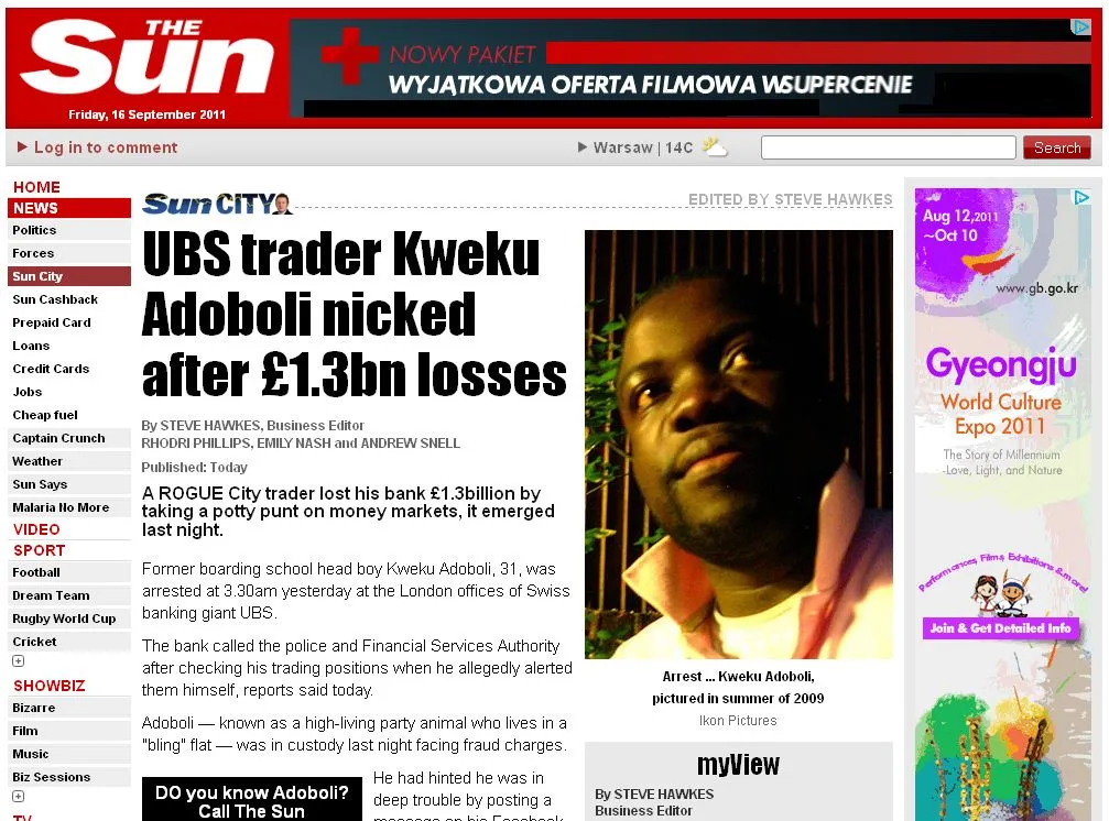 Zdjęcie Kweku Adoboli z 2009 roku, zamieszczone przez brytyjski "The Sun"