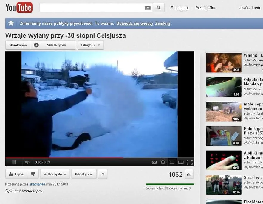 Śnieg z wrzątku przy temperaturze -30 stopni