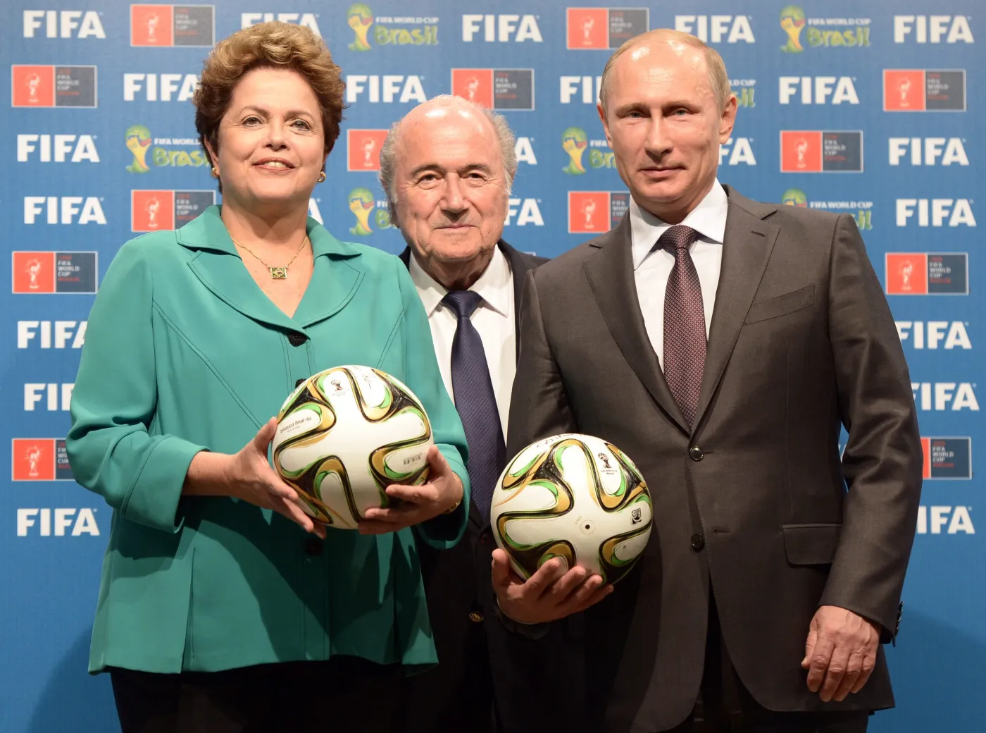Prezydent Brazylii Dilma Rousseff, szef FIFA Sepp Blatter, i prezydent Rosji Władimir Putin