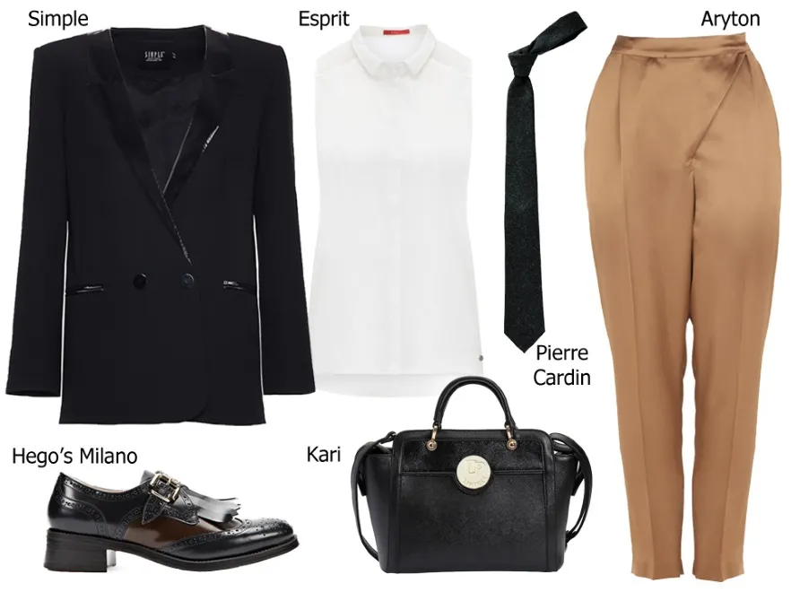 Marynarka Simple:  599,90 pln Spodnie Aryton:  wzór Koszula Esprit: wzór Krawat Pierre Cardin: 189,00 pln Torebka Kari: 159,00 pln Buty Hego’s Milano: 599,00 pln