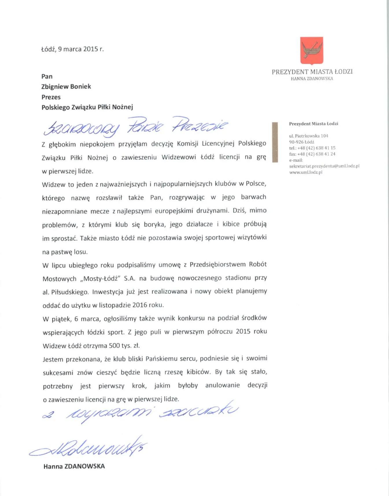 List Hanny Zdanowskiej do Zbigniewa Bońka