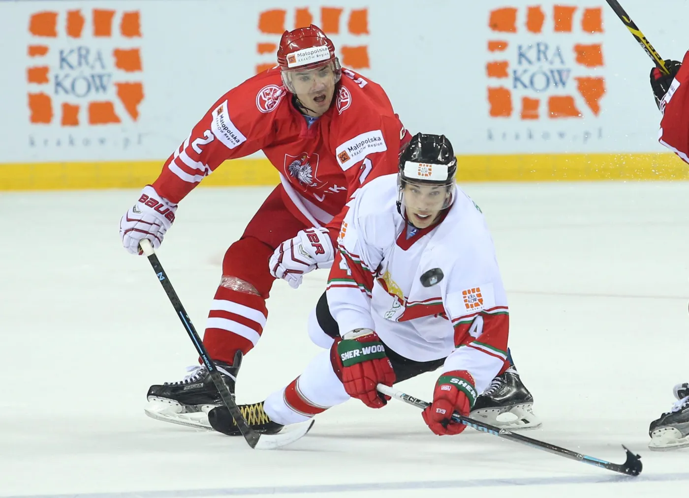 Gracz reprezentacji Polski Maciej Kruczek (L) i Węgier Balazs Sebok (P) podczas meczu hokejowych mistrzostw świata dywizji 1A w Krakowie