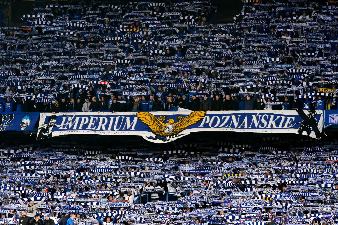 Kibice Lecha Poznań podczas meczu polskiej Ekstraklasy 