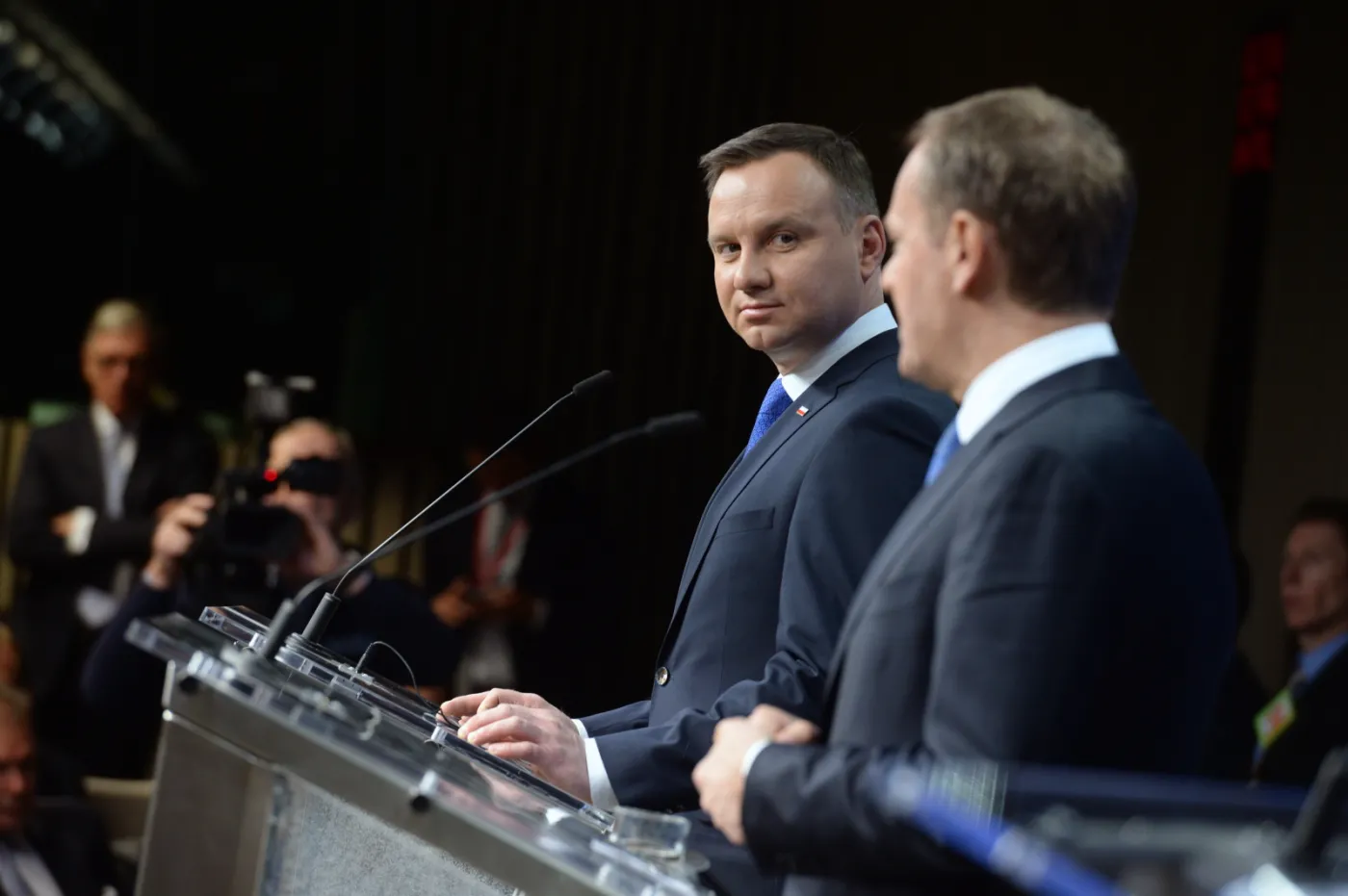 Prezydent Andrzej Duda i szef Rady Europejskiej Donald Tusk na konferencji prasowej po spotkaniu w Brukseli