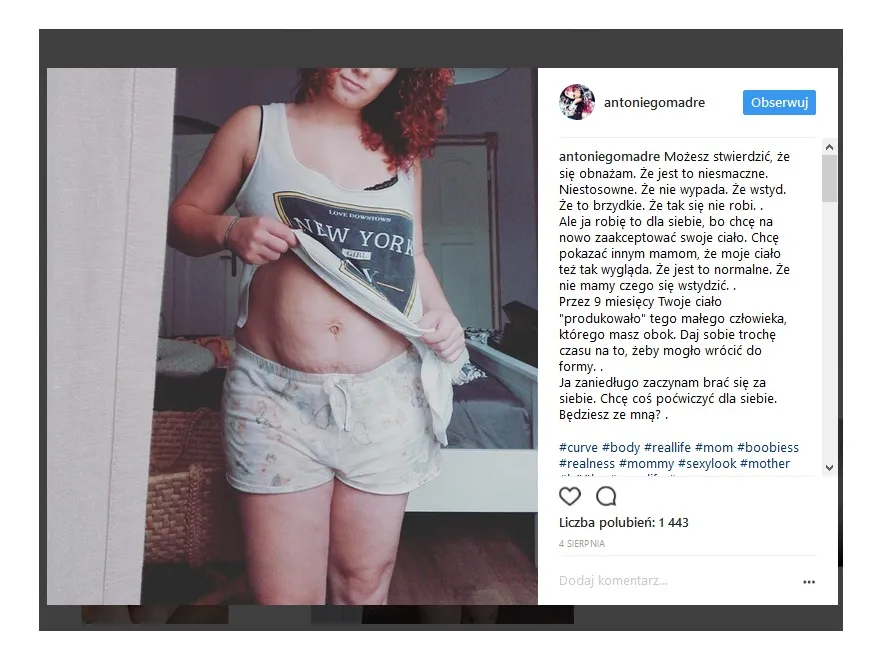 "A użalajcie się dalej nad sobą leniwe baby!" Młoda matka pokazała na Instagramie nieidealne ciało po ciąży i wywołała burzę