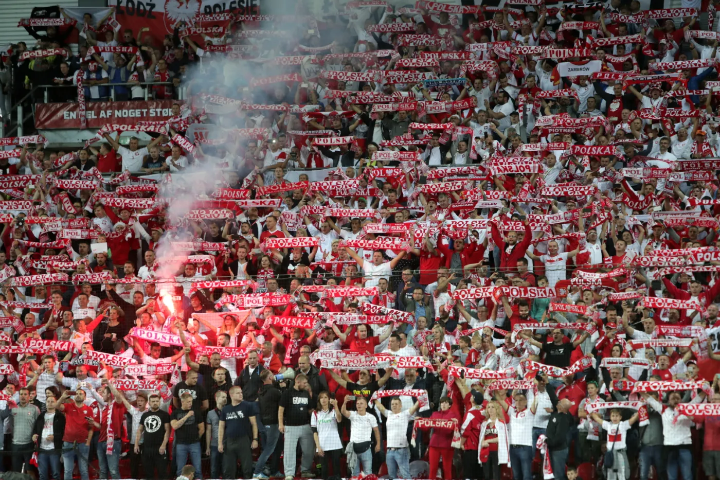 Polscy kibice podczas meczu grupy E eliminacji piłkarskich mistrzostw świata z Danią