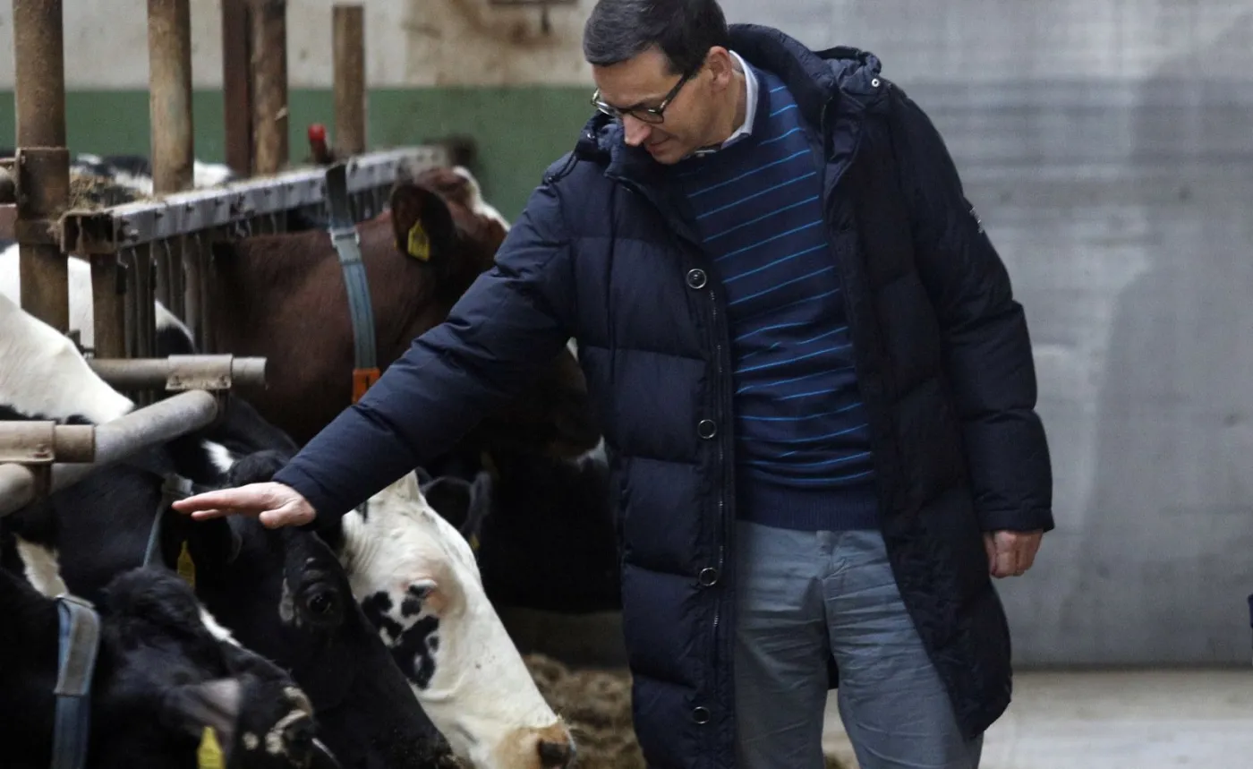 Premier Mateusz Morawiecki podczas wizyty w gospodarstwie rolnym w Rębiszewie