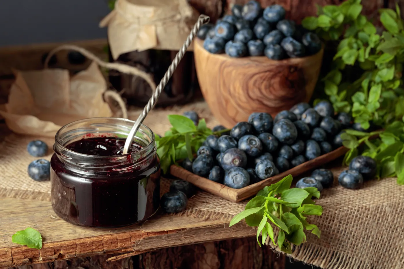 Borówka amerykańska dżem Blueberry,Jam,With,Fresh,Berries,On,An,Old,Wooden,Table.