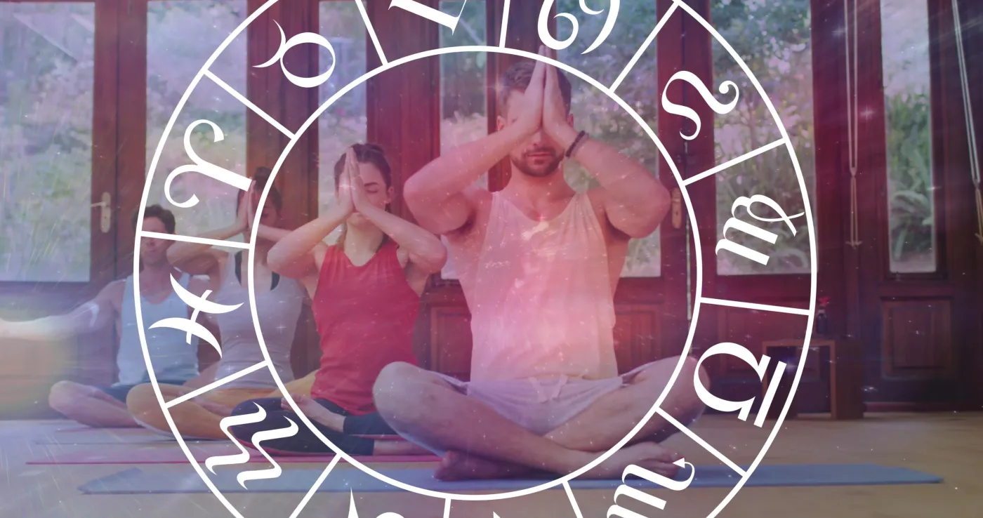 Image,Of,Horoscope,Zodiac,Wheel,Over,Diverse,People,Practicing,Yoga.