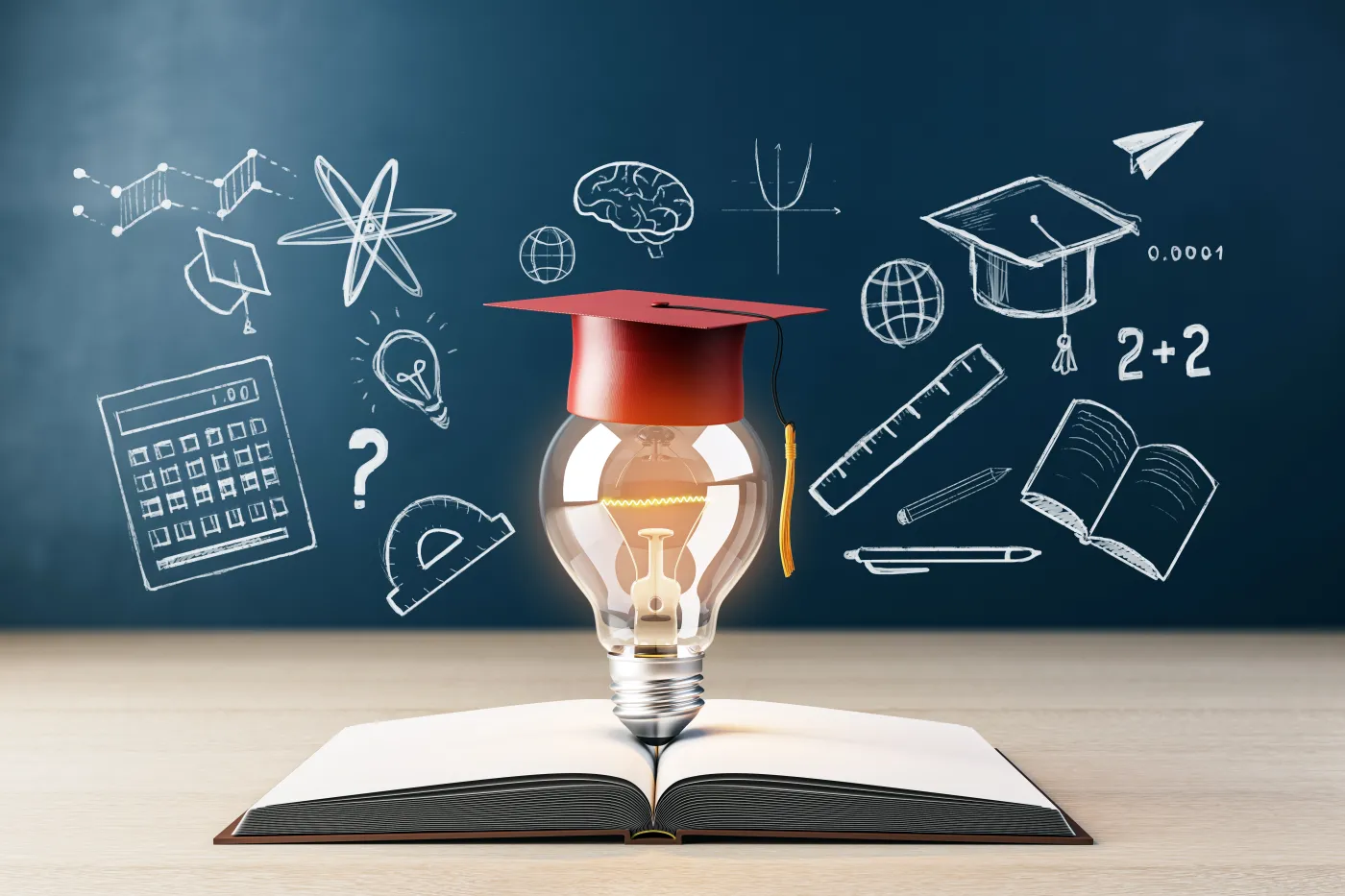 Lightbulb,Wearing,Graduation,Cap,On,An,Open,Book,,Wooden,Table,