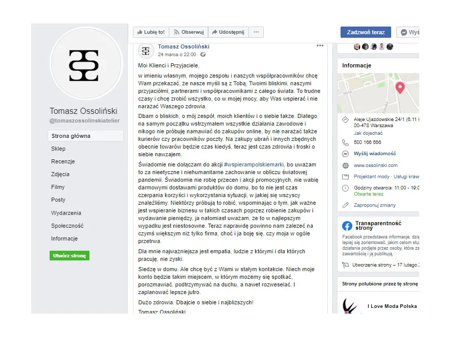 Widok postu zamieszczonego na profilu Tomasza Ossolińskiego na Facebooku
