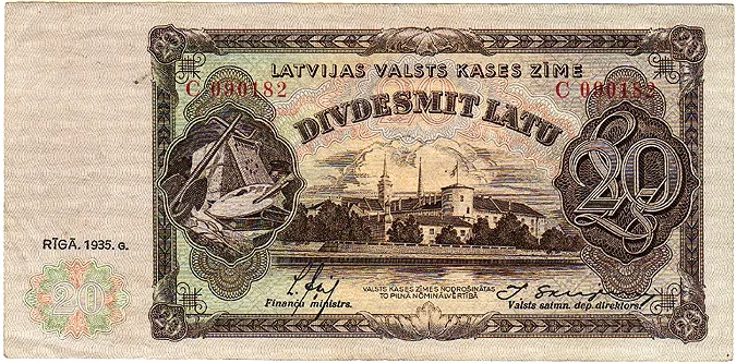 Awers banknotu 20-łatowego Łotewskiego Ministerstwa Finansów z 1935 r.