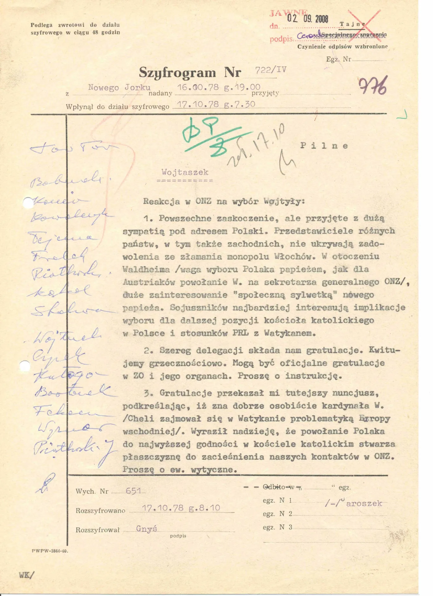 Depesza Henryka Jaroszka do Warszawy o reakcji w ONZ: "powszechne zaskoczenie, ale przyjęte z dużą sympatią pod adresem Polski", 16 października 1978 r.