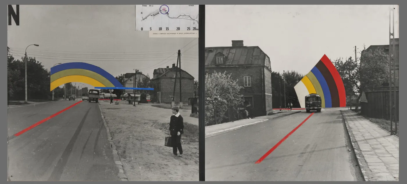 Roman i Eugeniusz Nygowie  Propozycje zagospodarowania Trasy Muzeum – Zalew Zegrzyński, 1971 kolaż, fotografia, druk, tusz, flamaster, papier na sklejce, 50 × 110 cm,  Muzeum Narodowe w Warszawie