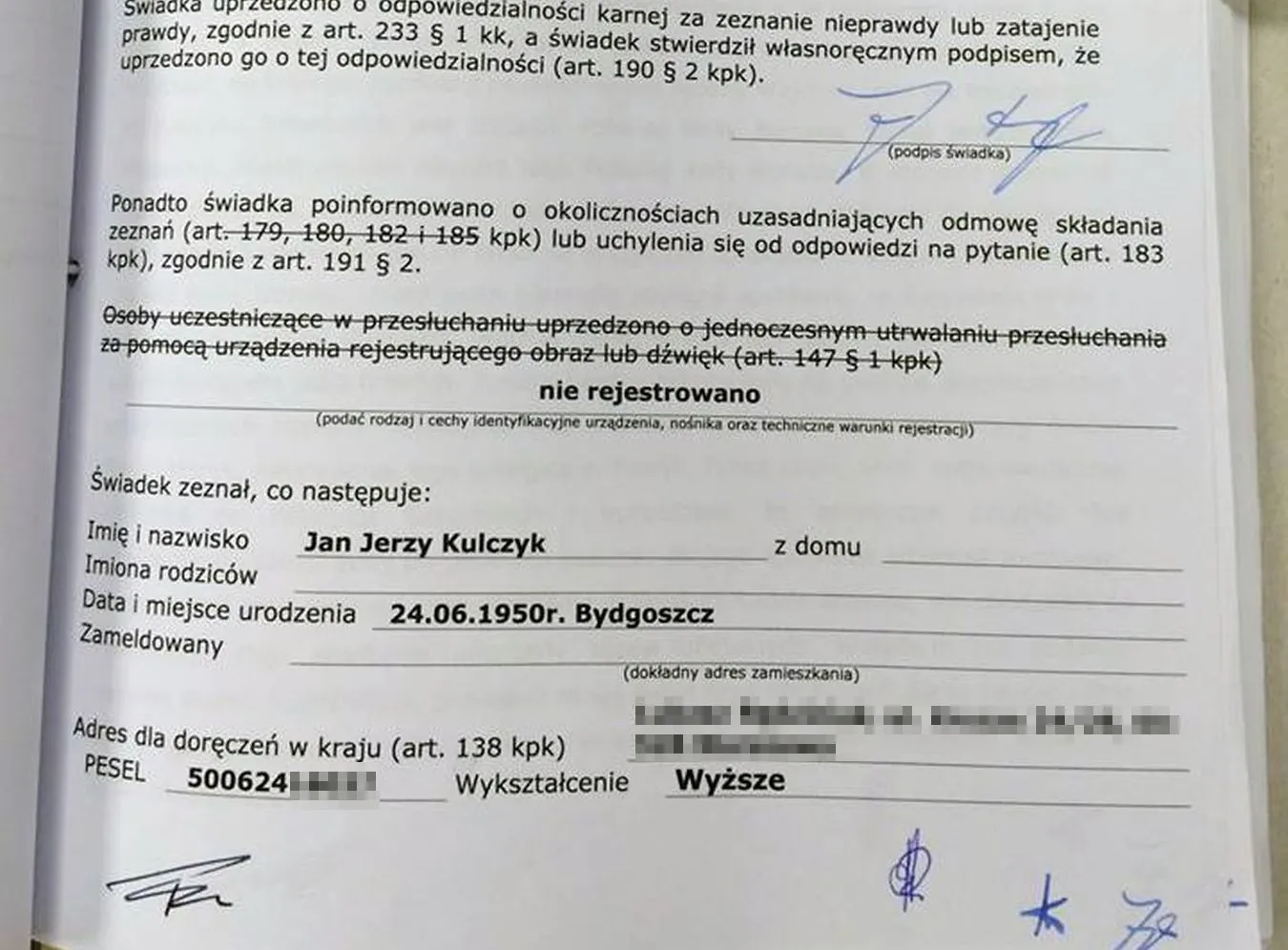 Biznesmen Zbigniew Stonoga opublikował akta prokuratorskie afery podsłuchowej. Na zdjęćiu protokół przesłuchania Jana Kulczyka