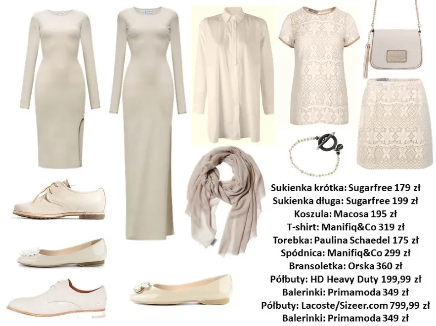 Ubrania i dodatki w różnych odcieniach koloru nude