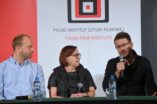 Twórcy filmu "Zimna wojna" producentka Ewa Puszczyńska (C), autor zdjęć Łukasz Żal (P), odtwórca roli Kaczmarka - Borys Szyc 