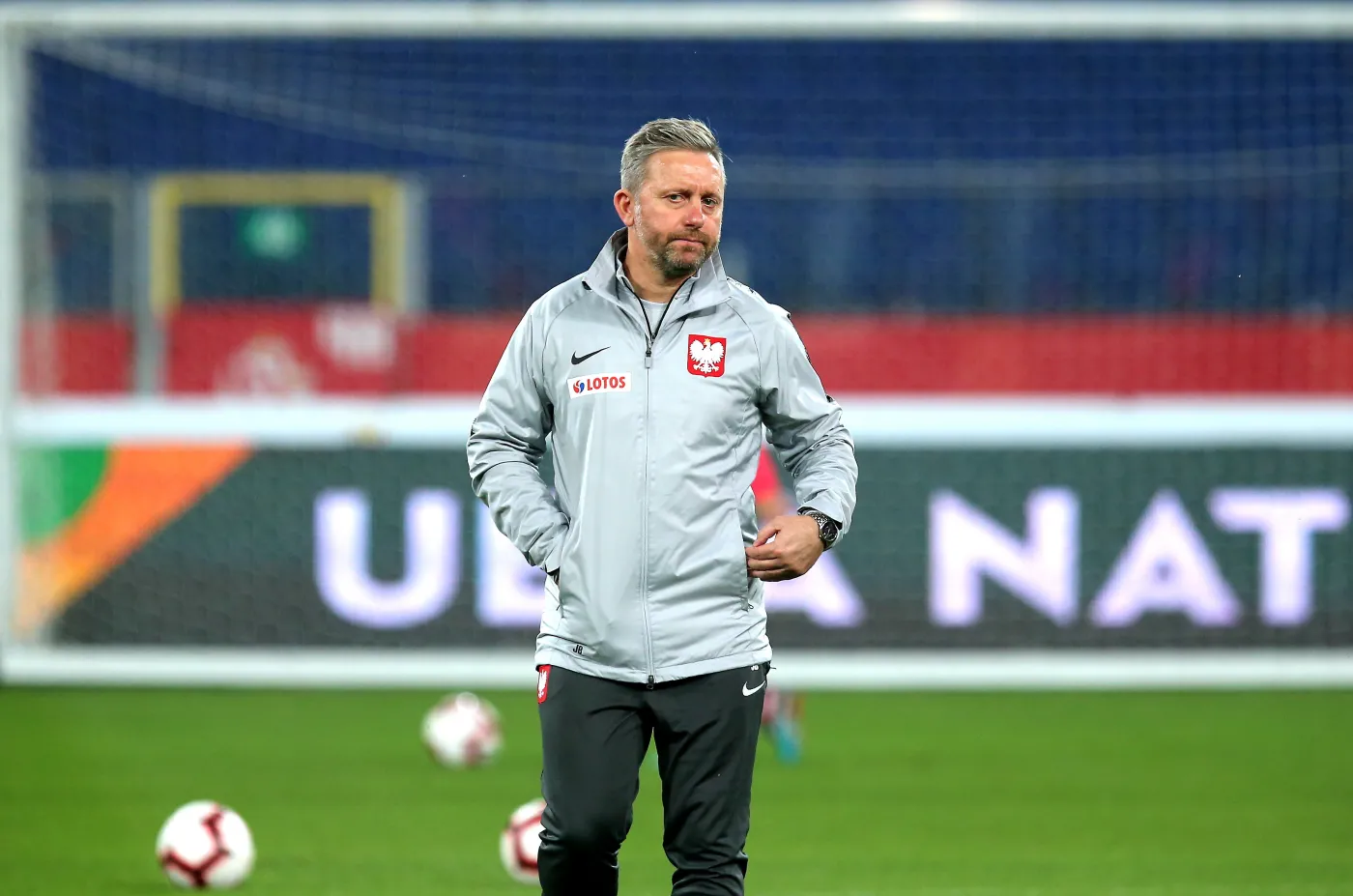 Selekcjoner piłkarskiej reprezentacji Polski Jerzy Brzęczek podczas treningu kadry w Chorzowie