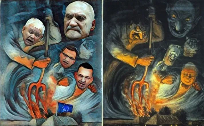 Plakat z politykami PiS i oryginalny plakat nazistowski / Piotr Woźniak