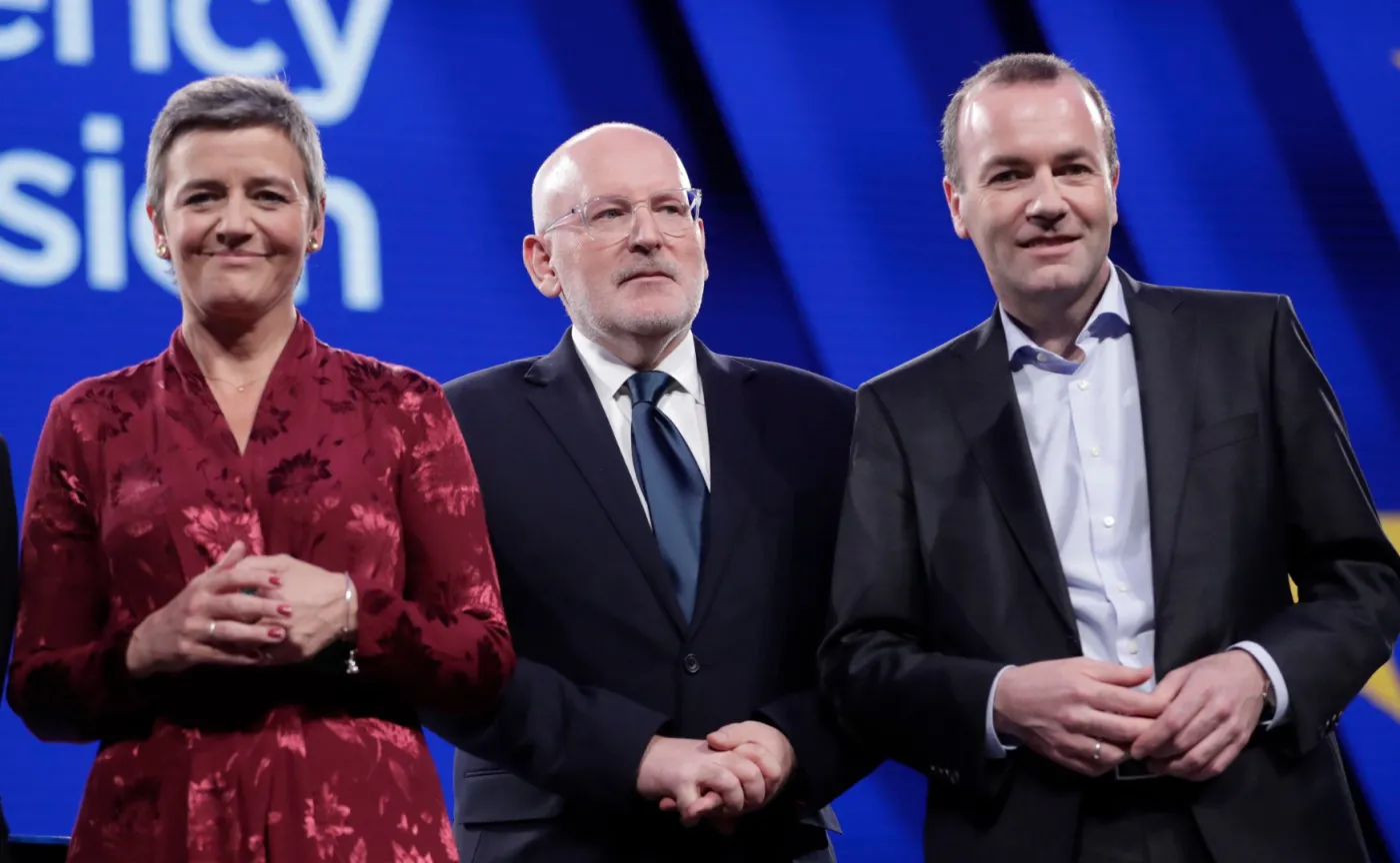 Margrethe Vestager, Frans Timmermans i Manfred Weber