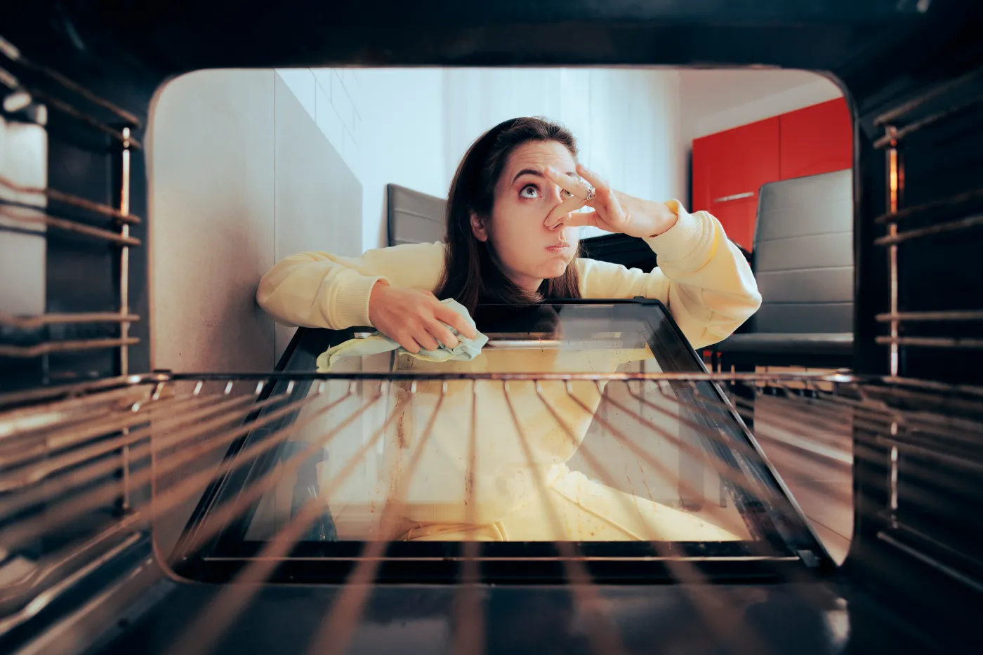 Unhappy,Woman,Cleaning,Stinky,Dirty,Oven,With,A,Rag.,Young