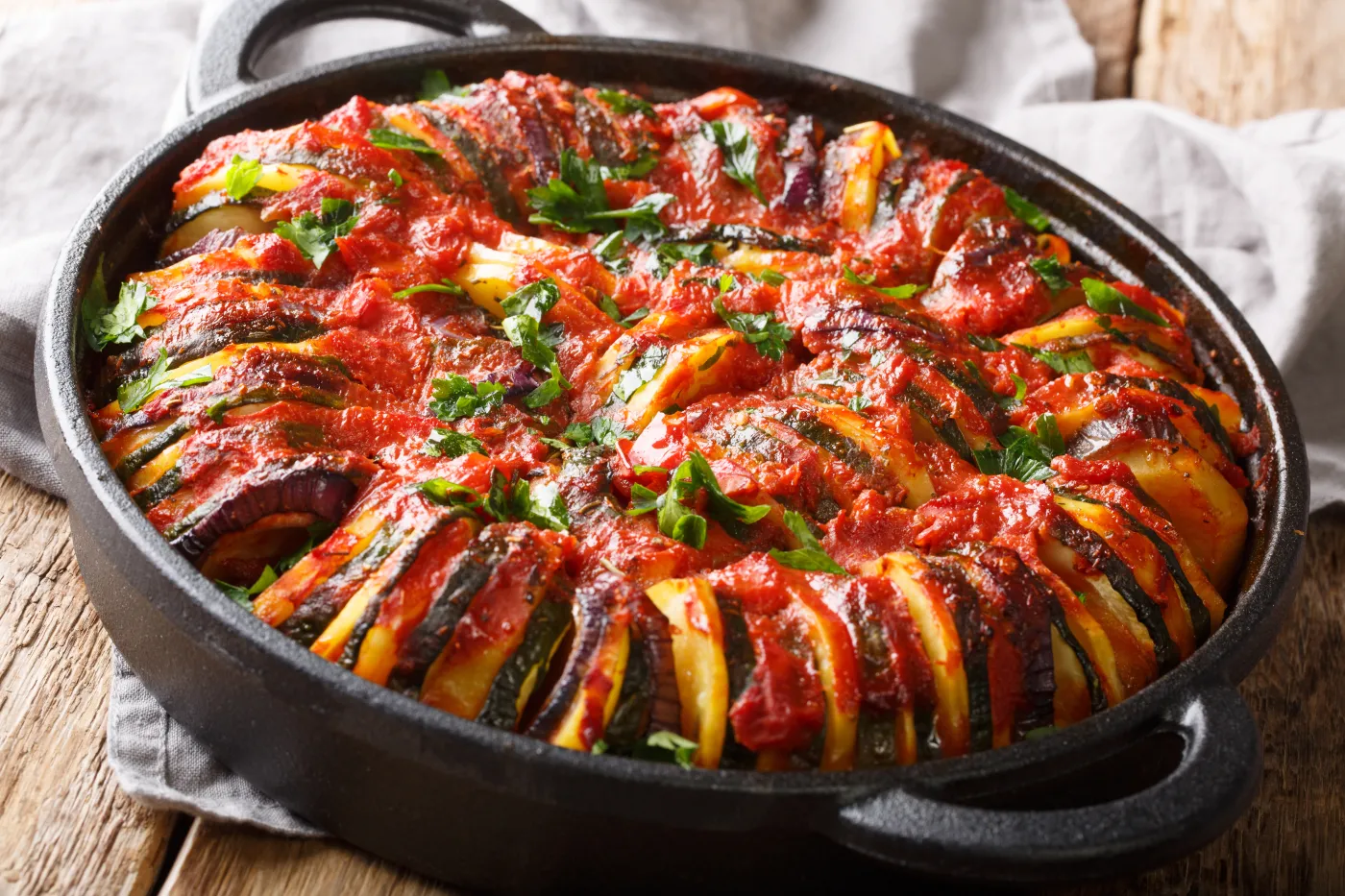 Baked,Zucchini,,Potatoes,,Eggplant,And,Onions,In,Tomato,Sauce,Close-up