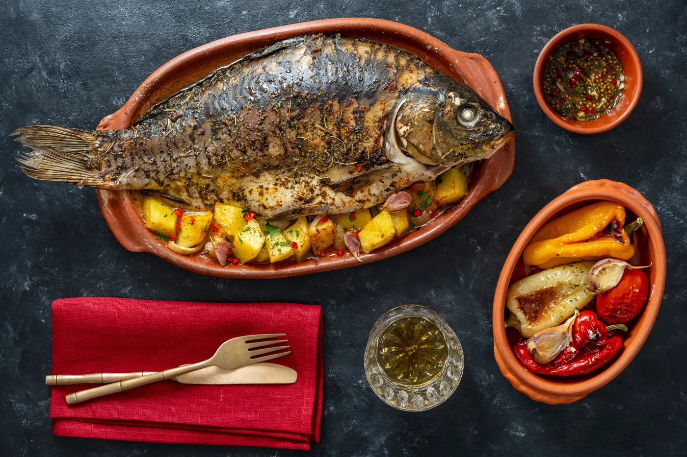 Delicious,Baked,Carp,Fish,With,Spices,In,A,Clay,Plate