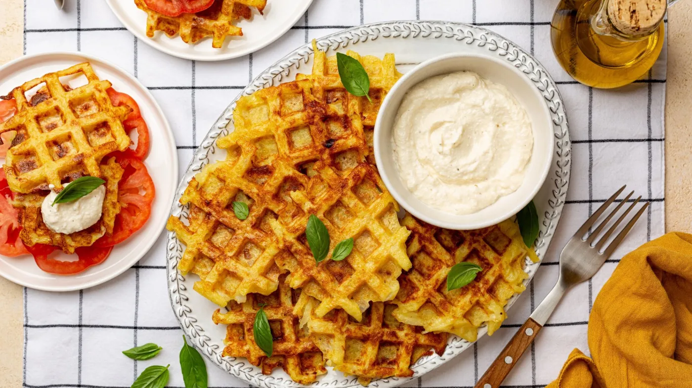 Top,View,Of,Homemade,Potato,Waffles,,Ricotta,Cheese,And,Mayonese